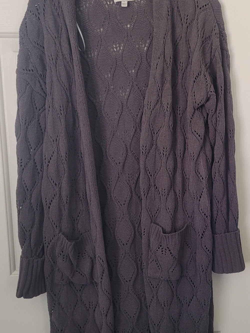 Pink Rose Open-Front Long Knit Cardigan in Charcoal